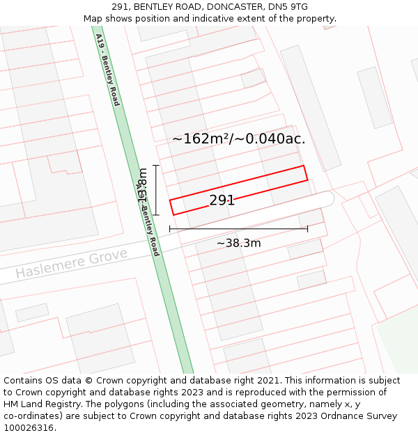 291, BENTLEY ROAD, DONCASTER, DN5 9TG: Plot and title map