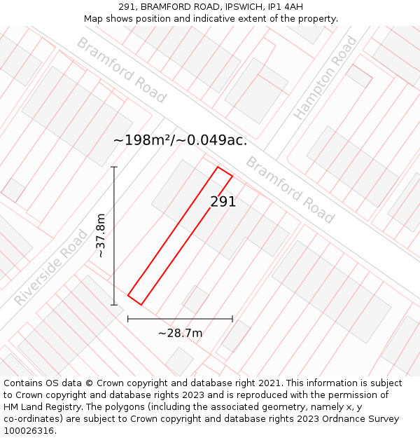 291, BRAMFORD ROAD, IPSWICH, IP1 4AH: Plot and title map