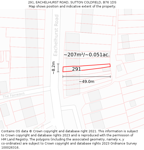 291, EACHELHURST ROAD, SUTTON COLDFIELD, B76 1DS: Plot and title map