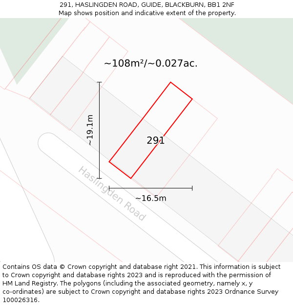 291, HASLINGDEN ROAD, GUIDE, BLACKBURN, BB1 2NF: Plot and title map