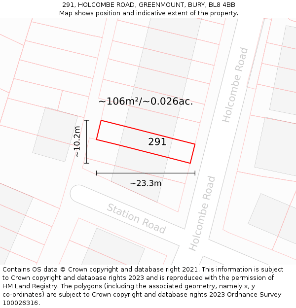 291, HOLCOMBE ROAD, GREENMOUNT, BURY, BL8 4BB: Plot and title map