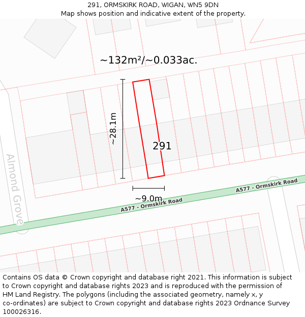 291, ORMSKIRK ROAD, WIGAN, WN5 9DN: Plot and title map