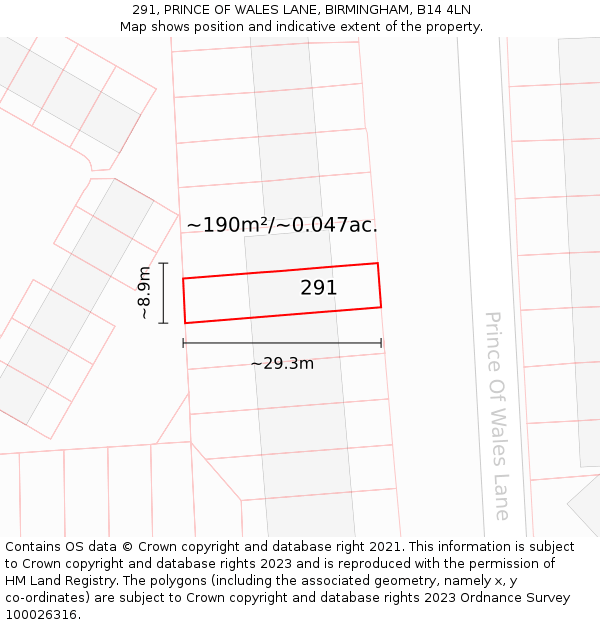 291, PRINCE OF WALES LANE, BIRMINGHAM, B14 4LN: Plot and title map