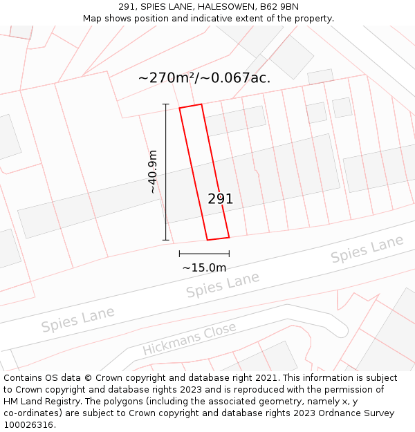 291, SPIES LANE, HALESOWEN, B62 9BN: Plot and title map
