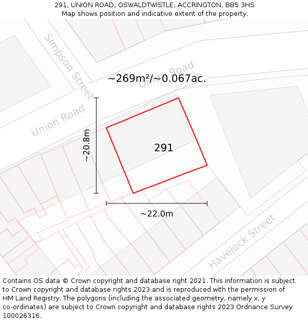 291, UNION ROAD, OSWALDTWISTLE, ACCRINGTON, BB5 3HS: Plot and title map