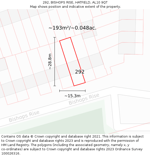 292, BISHOPS RISE, HATFIELD, AL10 9QT: Plot and title map