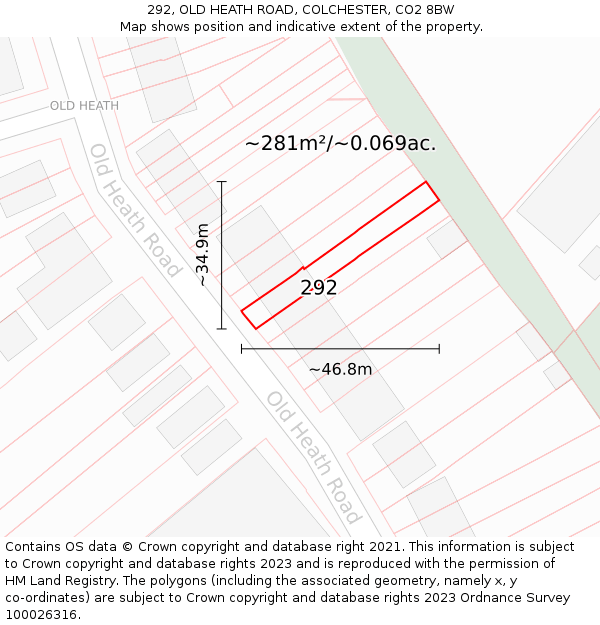 292, OLD HEATH ROAD, COLCHESTER, CO2 8BW: Plot and title map