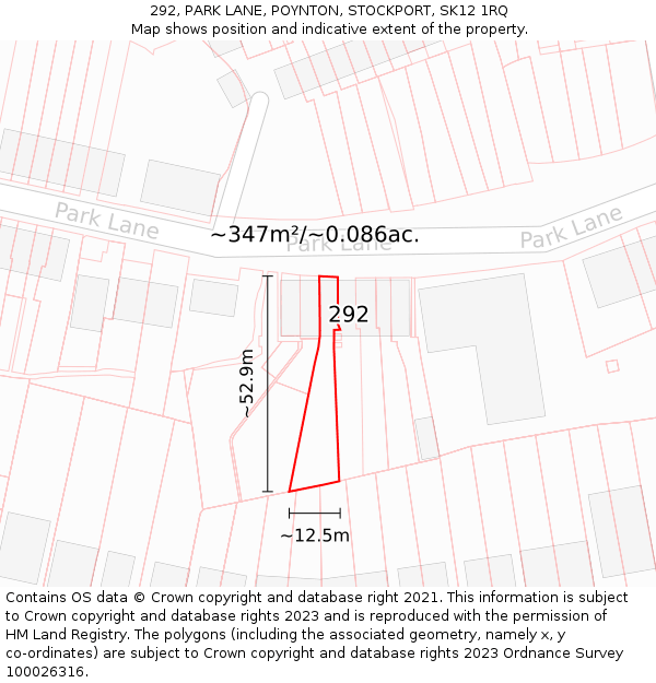 292, PARK LANE, POYNTON, STOCKPORT, SK12 1RQ: Plot and title map