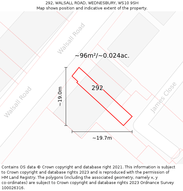 292, WALSALL ROAD, WEDNESBURY, WS10 9SH: Plot and title map