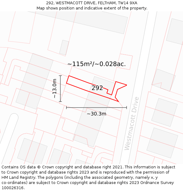292, WESTMACOTT DRIVE, FELTHAM, TW14 9XA: Plot and title map