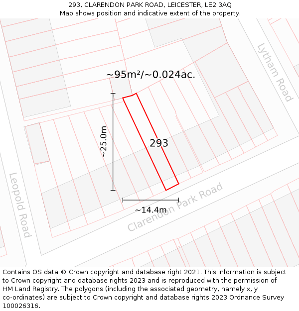 293, CLARENDON PARK ROAD, LEICESTER, LE2 3AQ: Plot and title map