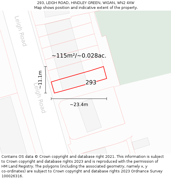 293, LEIGH ROAD, HINDLEY GREEN, WIGAN, WN2 4XW: Plot and title map