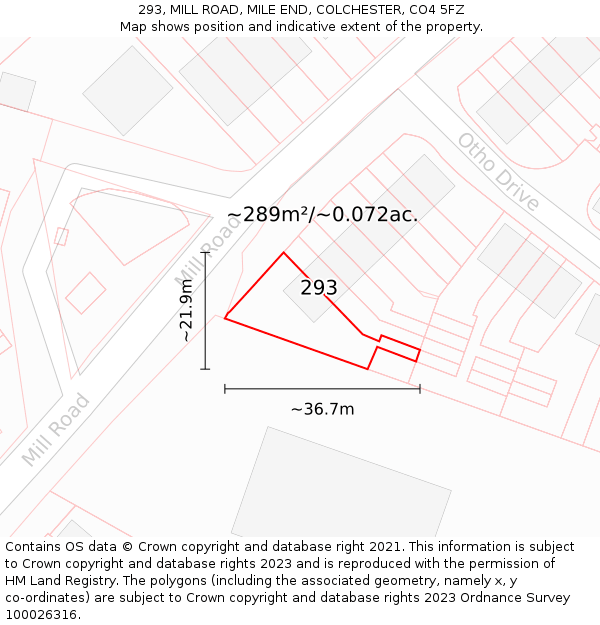 293, MILL ROAD, MILE END, COLCHESTER, CO4 5FZ: Plot and title map