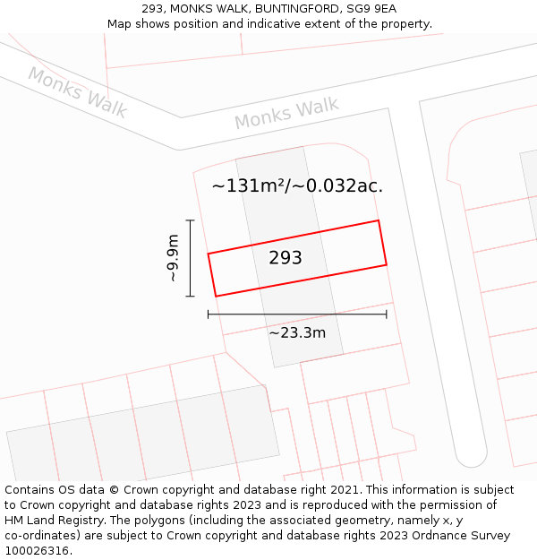 293, MONKS WALK, BUNTINGFORD, SG9 9EA: Plot and title map