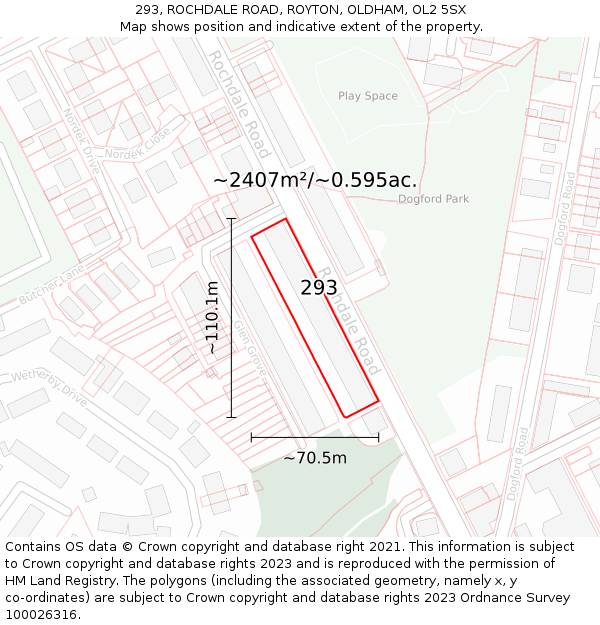 293, ROCHDALE ROAD, ROYTON, OLDHAM, OL2 5SX: Plot and title map