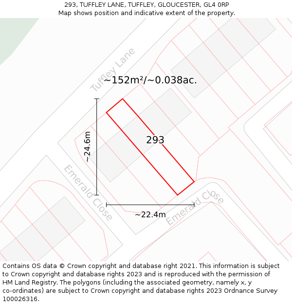 293, TUFFLEY LANE, TUFFLEY, GLOUCESTER, GL4 0RP: Plot and title map