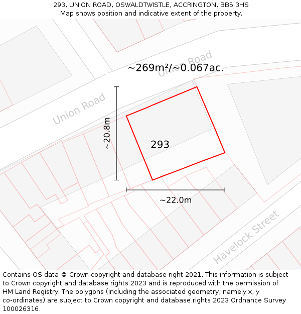 293, UNION ROAD, OSWALDTWISTLE, ACCRINGTON, BB5 3HS: Plot and title map