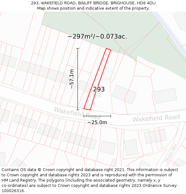 293, WAKEFIELD ROAD, BAILIFF BRIDGE, BRIGHOUSE, HD6 4DU: Plot and title map