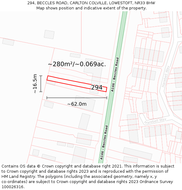 294, BECCLES ROAD, CARLTON COLVILLE, LOWESTOFT, NR33 8HW: Plot and title map