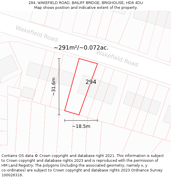 294, WAKEFIELD ROAD, BAILIFF BRIDGE, BRIGHOUSE, HD6 4DU: Plot and title map