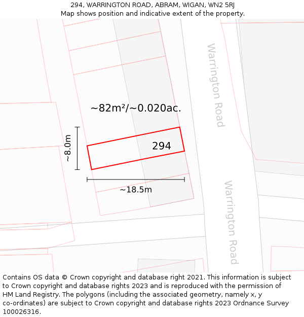 294, WARRINGTON ROAD, ABRAM, WIGAN, WN2 5RJ: Plot and title map