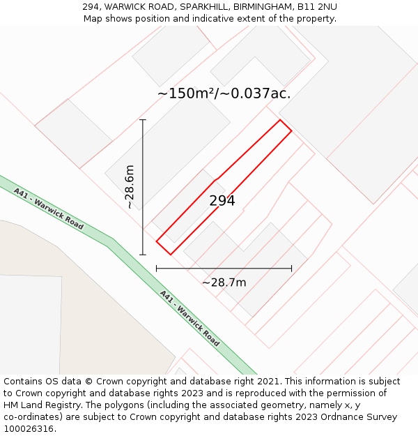 294, WARWICK ROAD, SPARKHILL, BIRMINGHAM, B11 2NU: Plot and title map