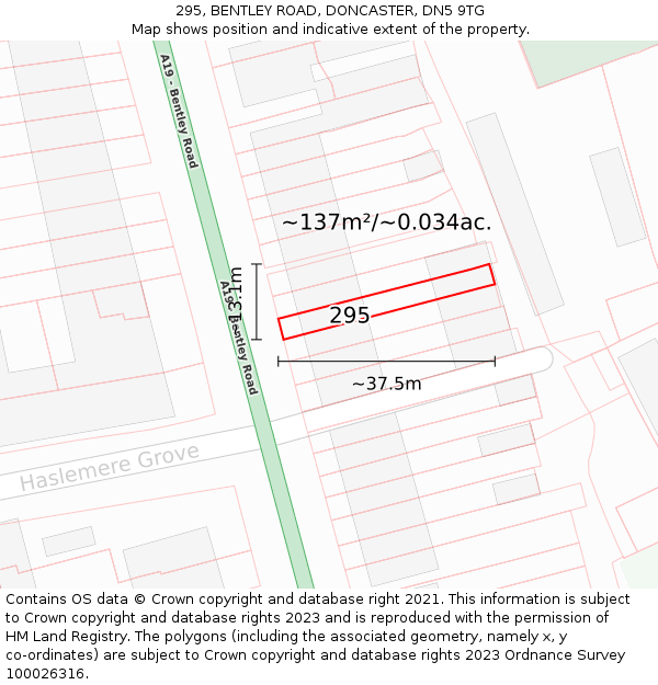 295, BENTLEY ROAD, DONCASTER, DN5 9TG: Plot and title map