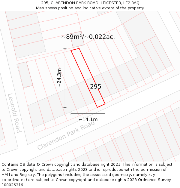 295, CLARENDON PARK ROAD, LEICESTER, LE2 3AQ: Plot and title map
