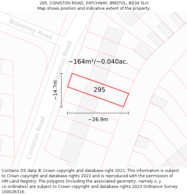 295, CONISTON ROAD, PATCHWAY, BRISTOL, BS34 5LH: Plot and title map
