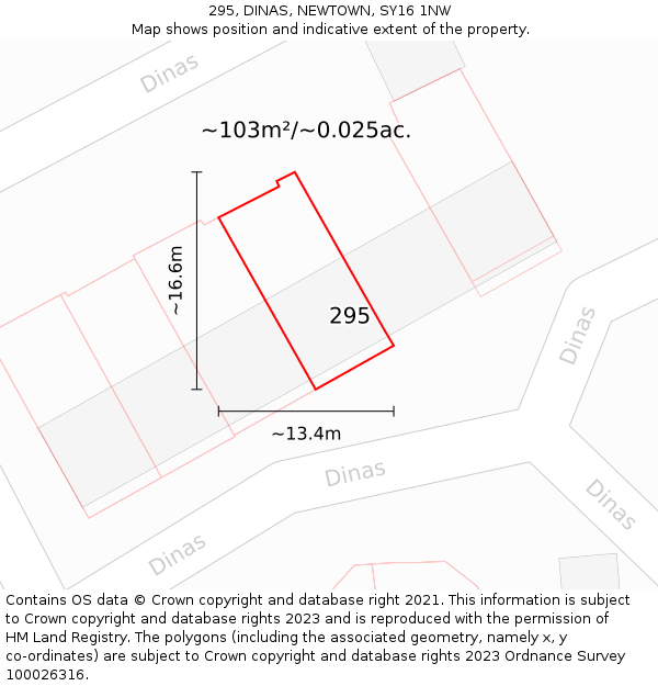 295, DINAS, NEWTOWN, SY16 1NW: Plot and title map