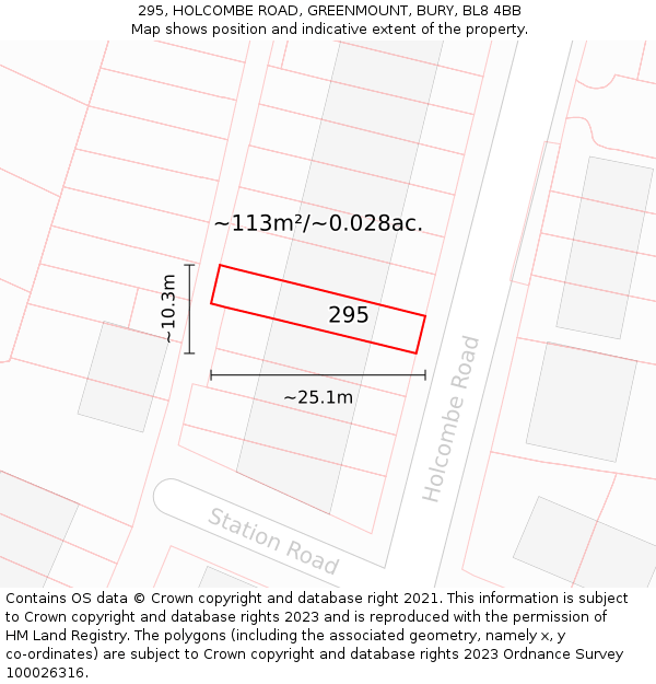 295, HOLCOMBE ROAD, GREENMOUNT, BURY, BL8 4BB: Plot and title map