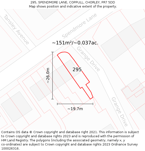 295, SPENDMORE LANE, COPPULL, CHORLEY, PR7 5DD: Plot and title map