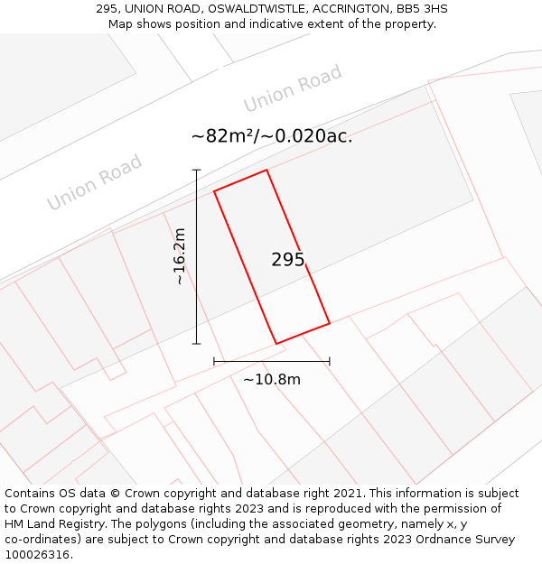 295, UNION ROAD, OSWALDTWISTLE, ACCRINGTON, BB5 3HS: Plot and title map