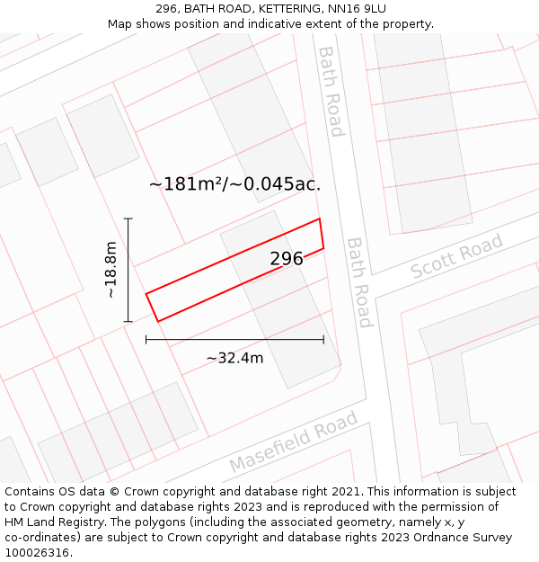 296, BATH ROAD, KETTERING, NN16 9LU: Plot and title map