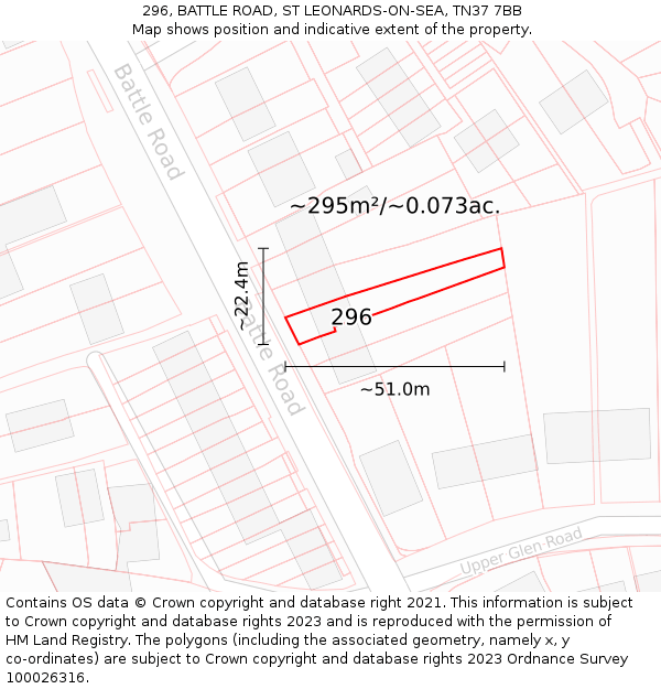 296, BATTLE ROAD, ST LEONARDS-ON-SEA, TN37 7BB: Plot and title map