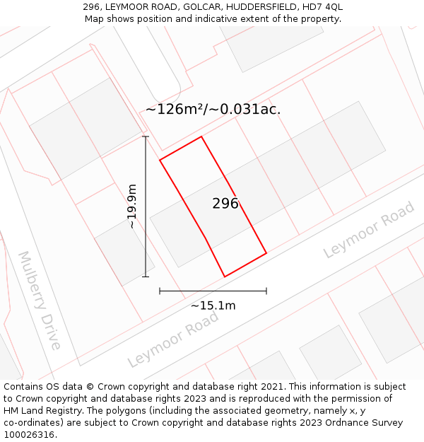 296, LEYMOOR ROAD, GOLCAR, HUDDERSFIELD, HD7 4QL: Plot and title map