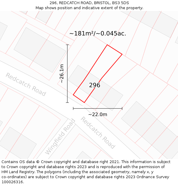 296, REDCATCH ROAD, BRISTOL, BS3 5DS: Plot and title map