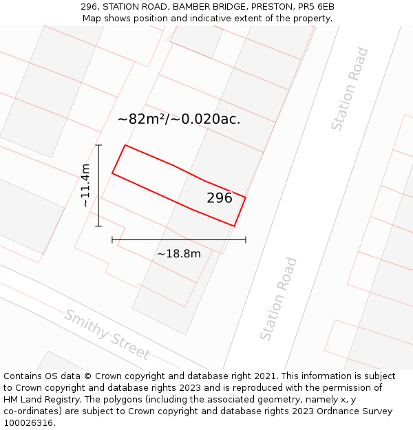 296, STATION ROAD, BAMBER BRIDGE, PRESTON, PR5 6EB: Plot and title map