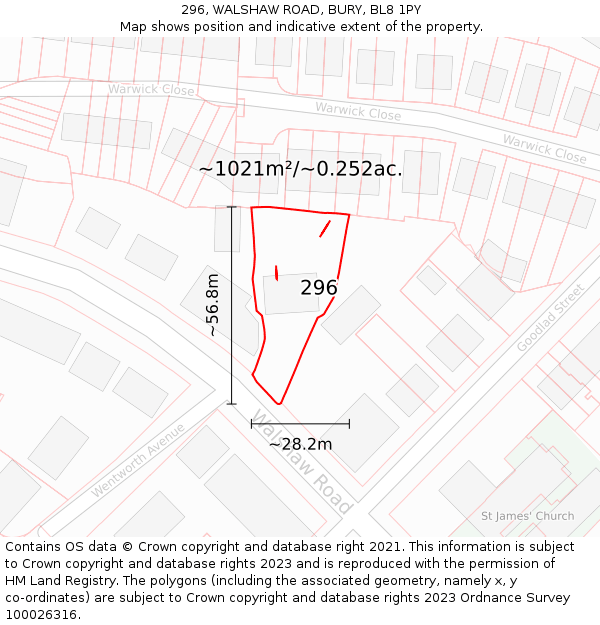 296, WALSHAW ROAD, BURY, BL8 1PY: Plot and title map