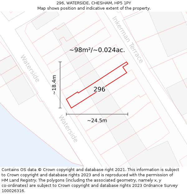 296, WATERSIDE, CHESHAM, HP5 1PY: Plot and title map
