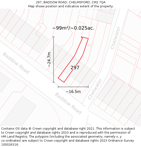 297, BADDOW ROAD, CHELMSFORD, CM2 7QA: Plot and title map