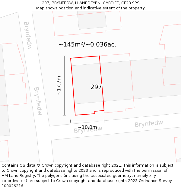 297, BRYNFEDW, LLANEDEYRN, CARDIFF, CF23 9PS: Plot and title map
