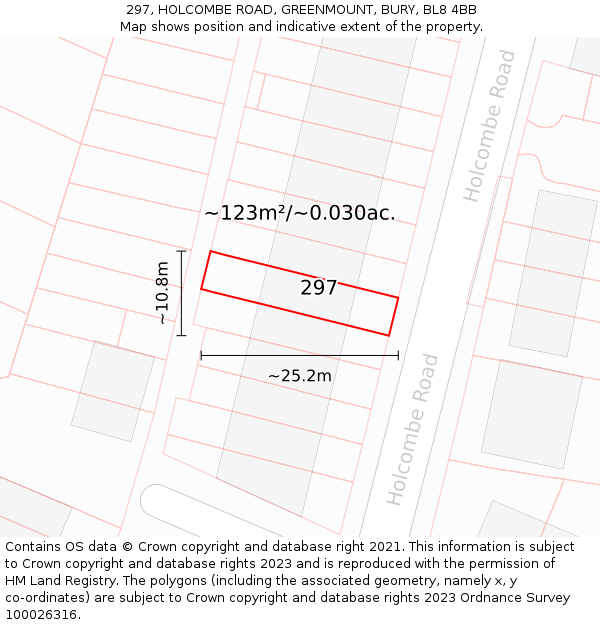 297, HOLCOMBE ROAD, GREENMOUNT, BURY, BL8 4BB: Plot and title map