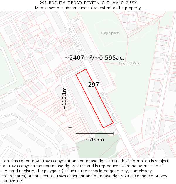 297, ROCHDALE ROAD, ROYTON, OLDHAM, OL2 5SX: Plot and title map