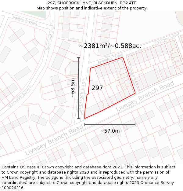 297, SHORROCK LANE, BLACKBURN, BB2 4TT: Plot and title map