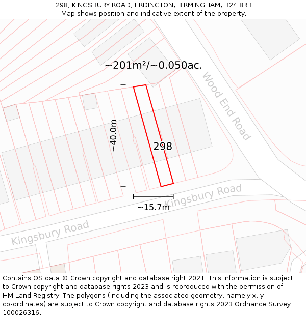 298, KINGSBURY ROAD, ERDINGTON, BIRMINGHAM, B24 8RB: Plot and title map