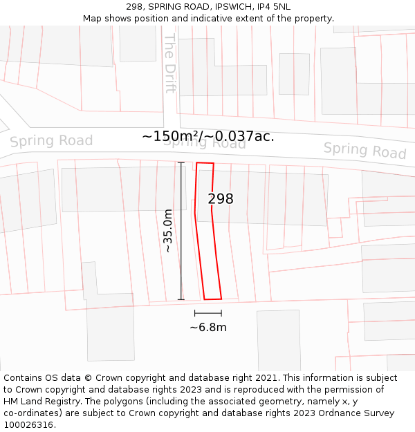 298, SPRING ROAD, IPSWICH, IP4 5NL: Plot and title map