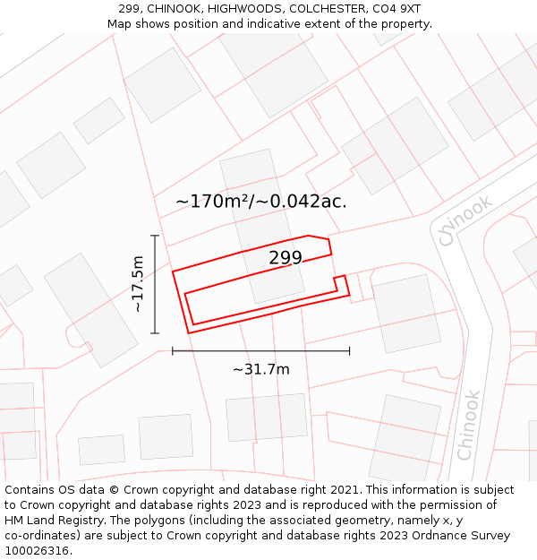 299, CHINOOK, HIGHWOODS, COLCHESTER, CO4 9XT: Plot and title map