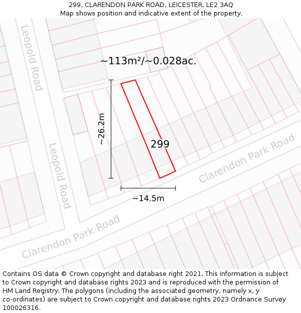 299, CLARENDON PARK ROAD, LEICESTER, LE2 3AQ: Plot and title map