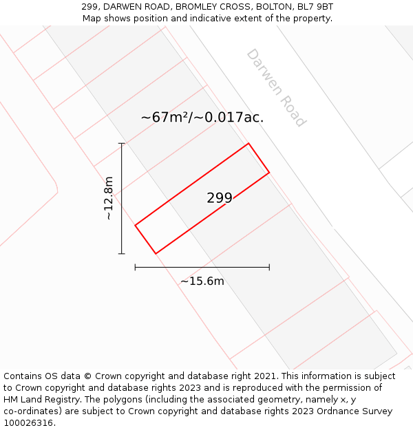 299, DARWEN ROAD, BROMLEY CROSS, BOLTON, BL7 9BT: Plot and title map